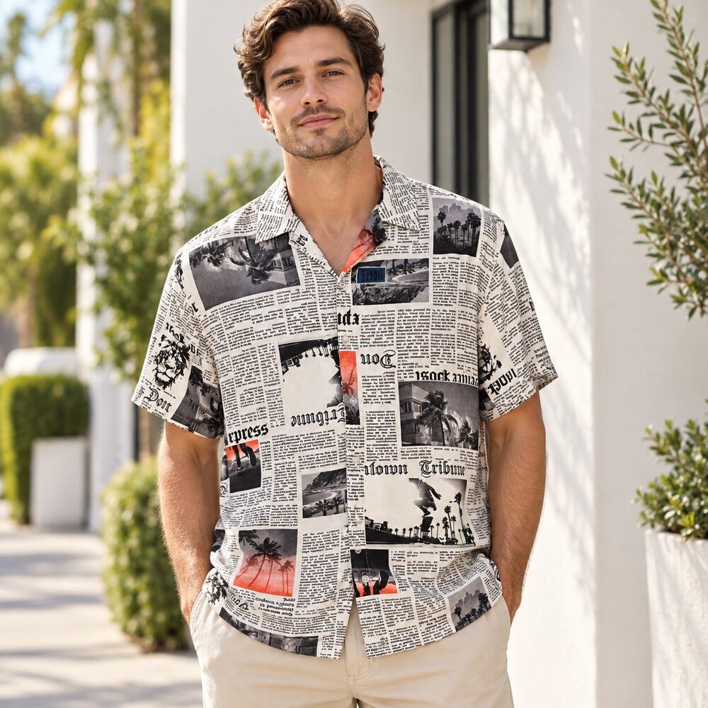 Newspaper Print Mens L Button Down Black White Rayon Short Sleeve Camp Shirt